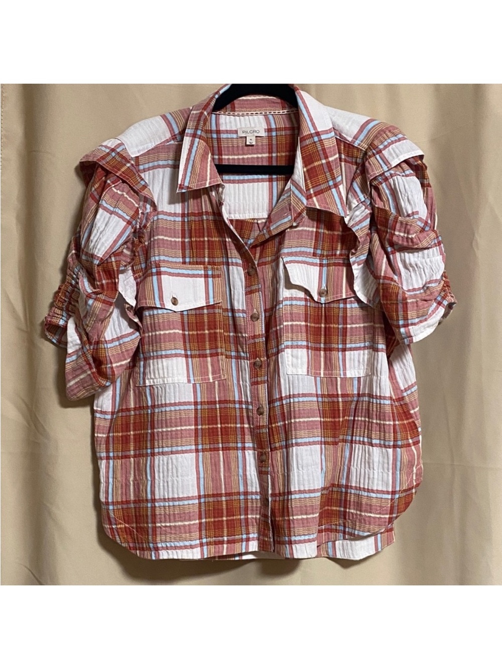 Anthropologie Rust and White Plaid Ruffle-Sleeve Button Down - Picture 4 of 8